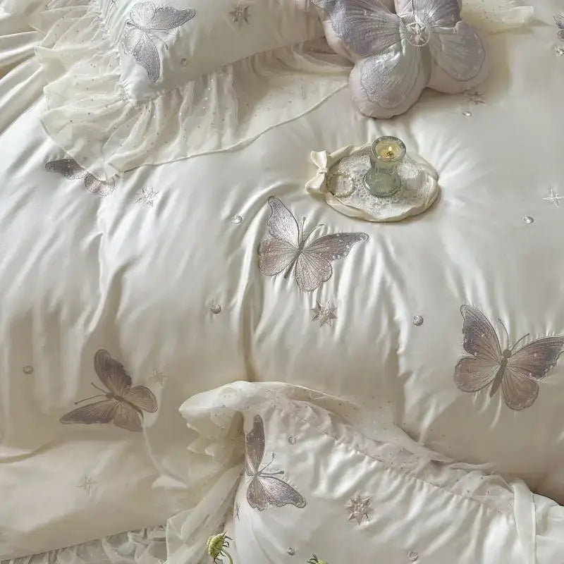 White butterfly lace ruffles bedding set bedroom embroidery