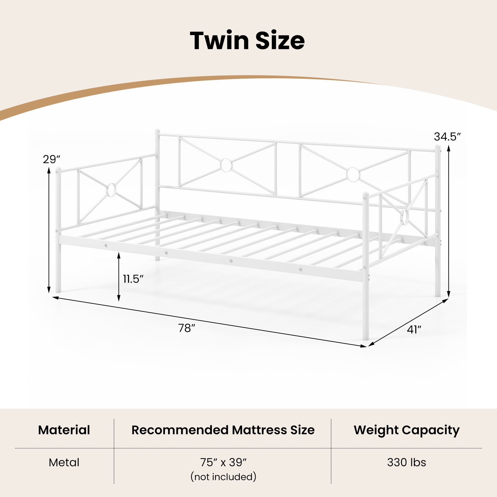 Metal Daybed Twin Bed Frame Stable Steel Slats Sofa Bed