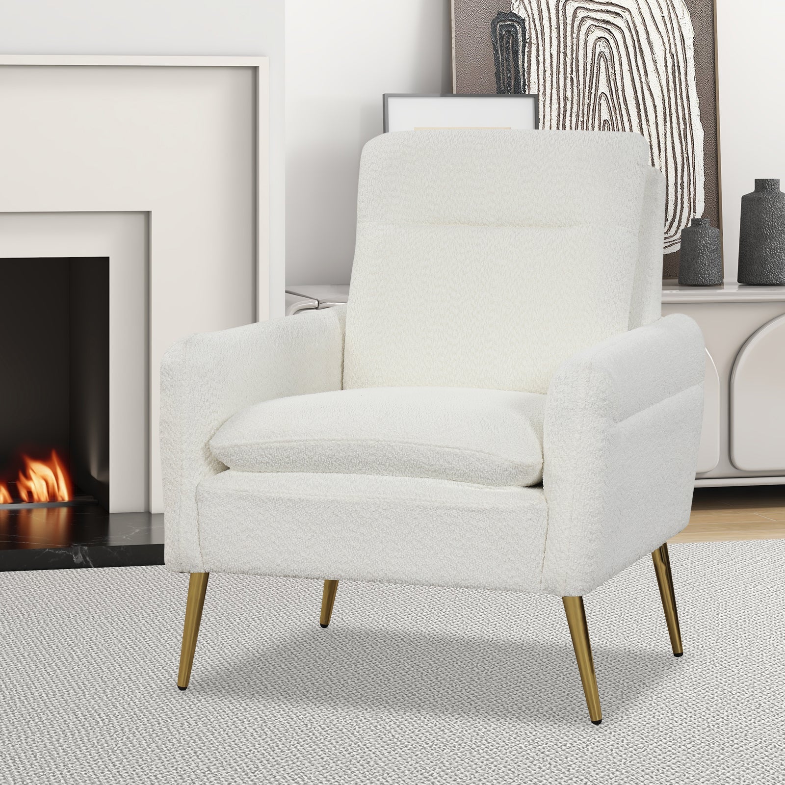Upholstered Sherpa Modern Accent Armchair for Living Room-White
