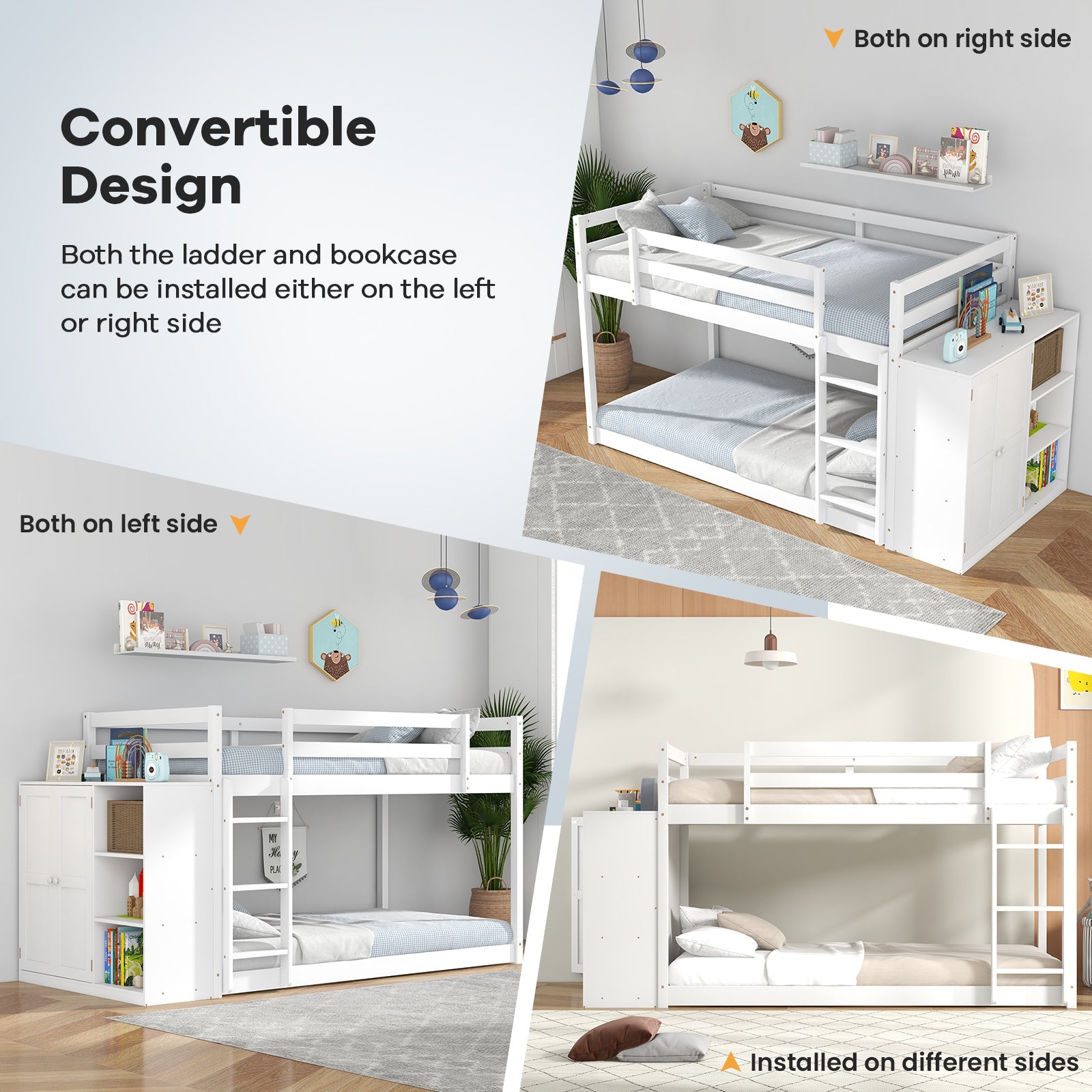 Twin Size Bunk Bed with Convertible Bookcase and Ladder-White