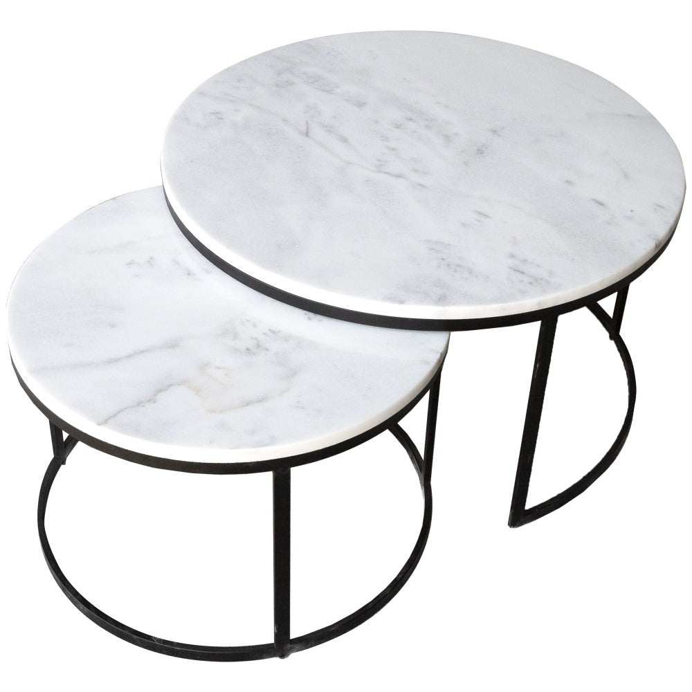 Genuine Carrara White Marble Round Nesting Coffee Table Set of 2