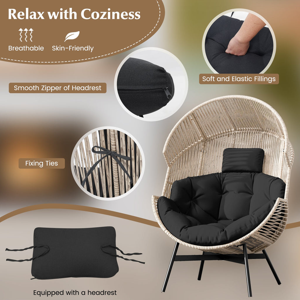 Wicker Oversized Egg Style Chair with Cushions and Headrest