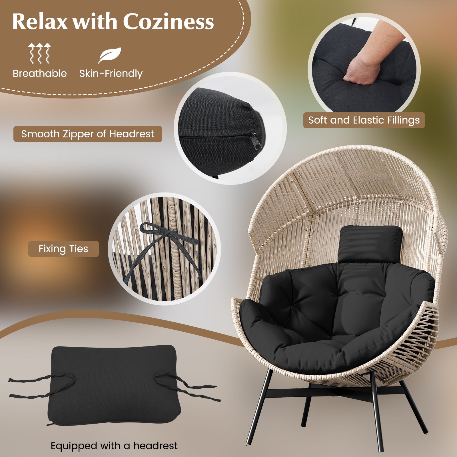 Wicker Oversized Egg Style Chair with Cushions and Headrest