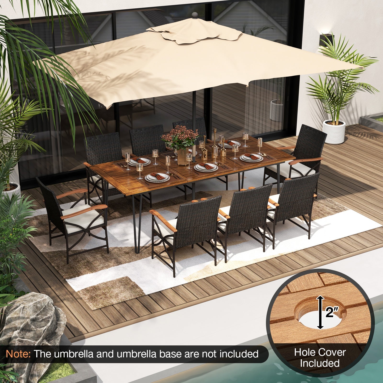 Wicker Patio Furniture Set of 8 Armchairs with Soft Cushions and Acacia Wood Square Table