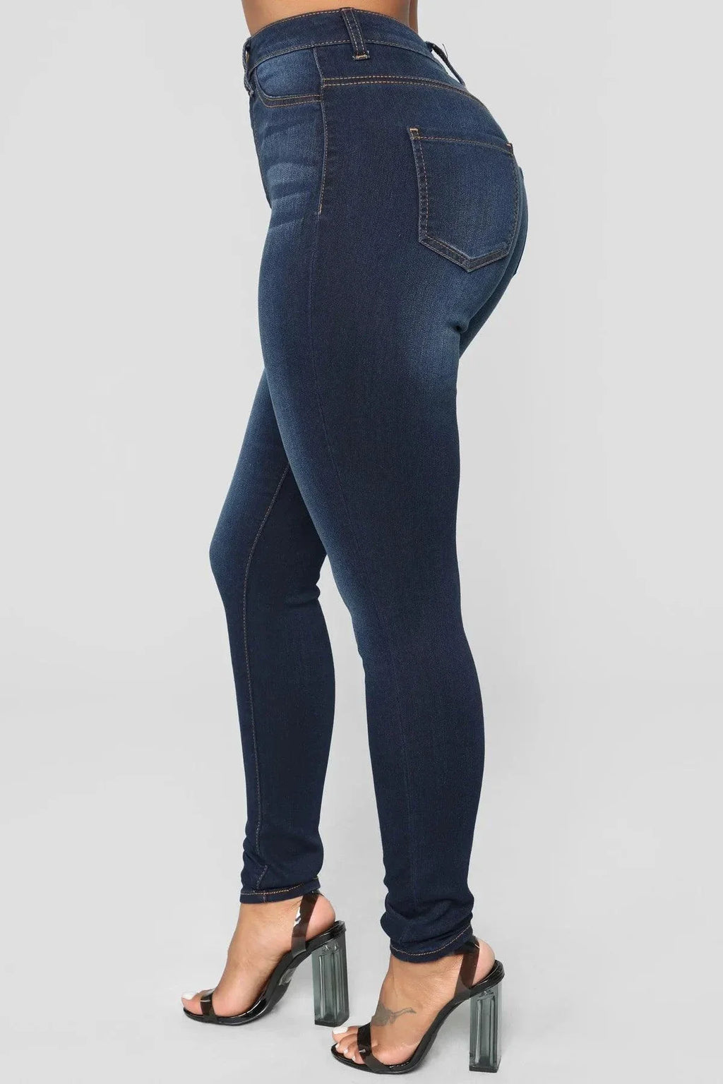 Women High Waist Stretch Hip Lift Denim Skinny Pants Jeans Full Length Sexy Slim Bleachded Solid Color Pants