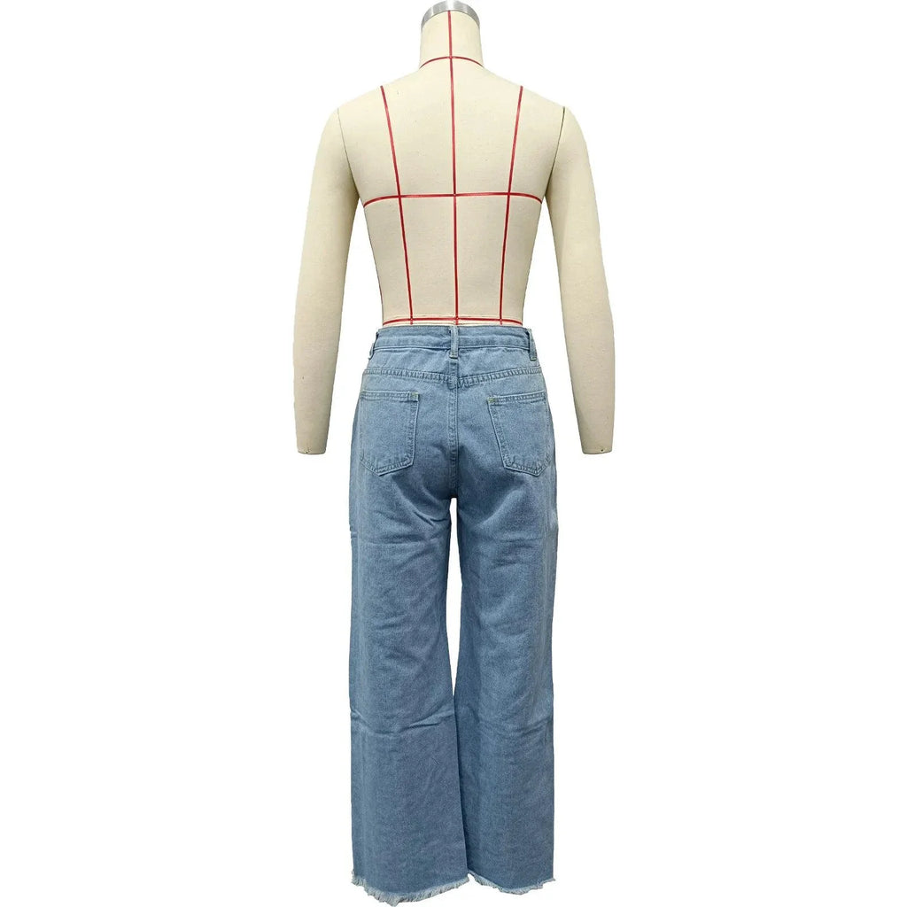 Burnt Flower High Waist Jeans - Trendy Women's Casual Denim Trousers for Spring/Summer