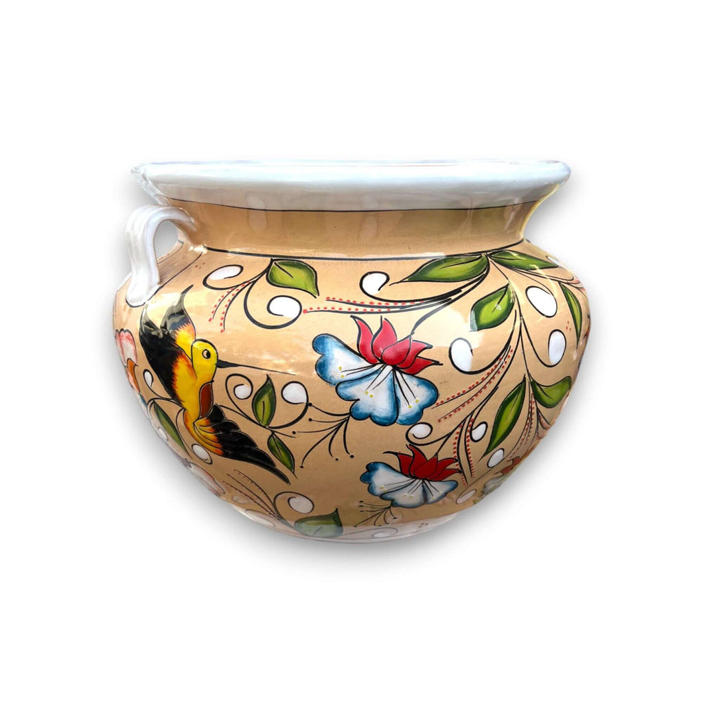 Extra Large Talavera Flower Pot | White & Tan Floral Design