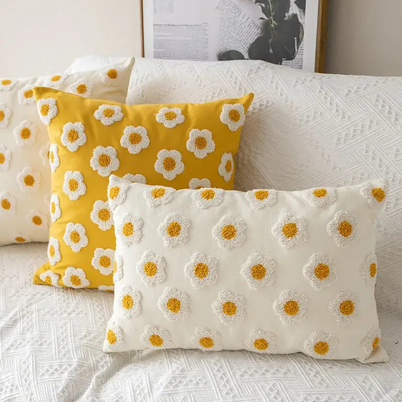 Yellow and cream daisy floral embroidery pillow cover living room