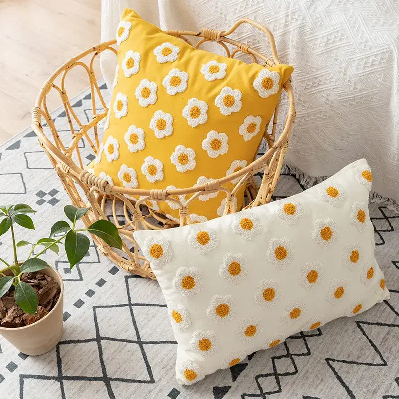 Yellow and cream daisy floral embroidery pillow cover living room