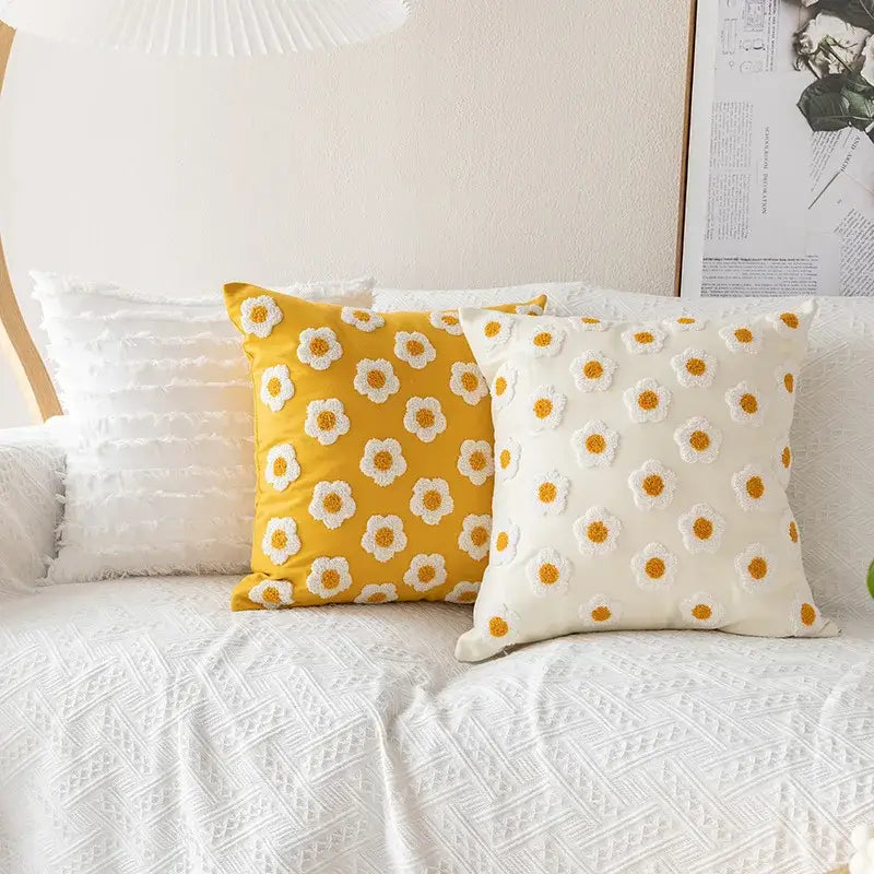 Yellow and cream daisy floral embroidery pillow cover living room