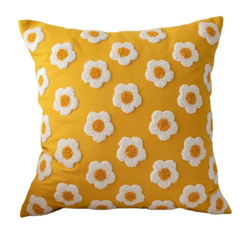 Yellow and cream daisy floral embroidery pillow cover living room