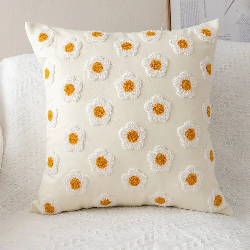 Yellow and cream daisy floral embroidery pillow cover living room