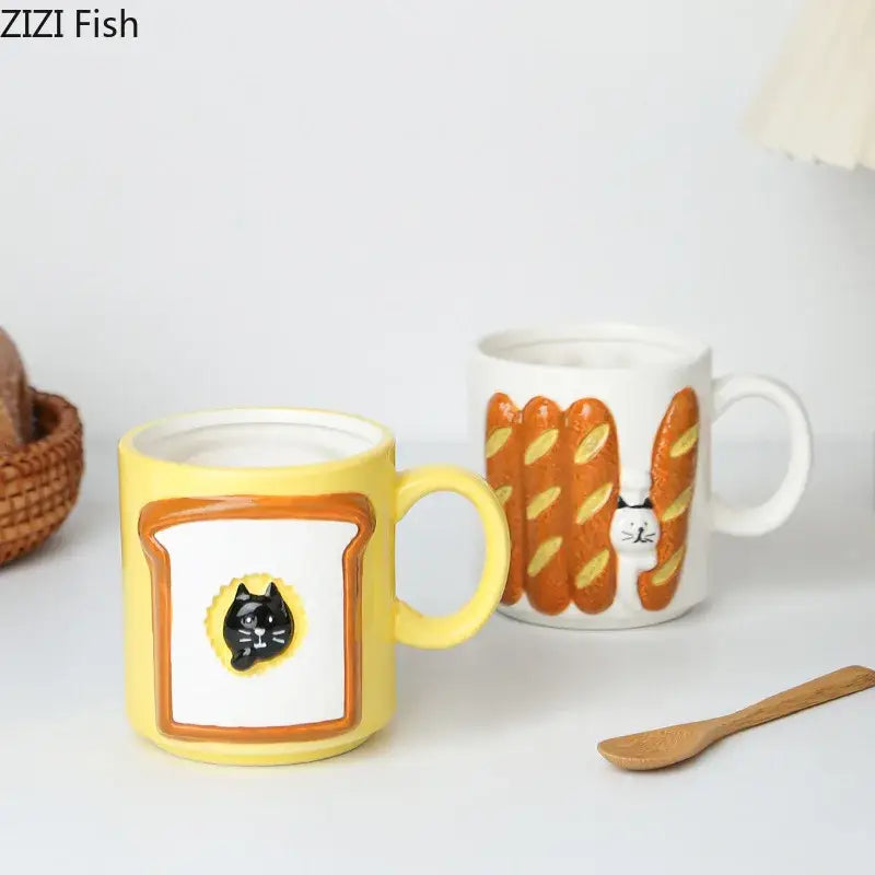 Yellow bread pattern ceramic cat mug kitchen toast cup