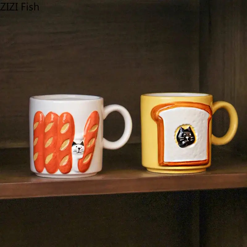 Yellow bread pattern ceramic cat mug kitchen toast cup
