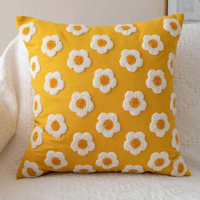 Yellow & white embroidered flora cotton pillow cover bedroom sham